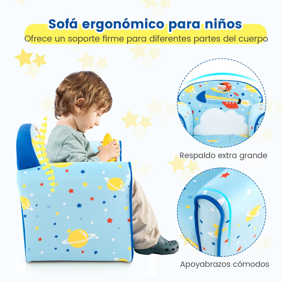Sillón Infantil Tapizado Sofá para Niños con Marco de Madera Superficie de Terciopelo Relleno de Espuma para Dormitorio 50 x 40 x 54 cm Azul