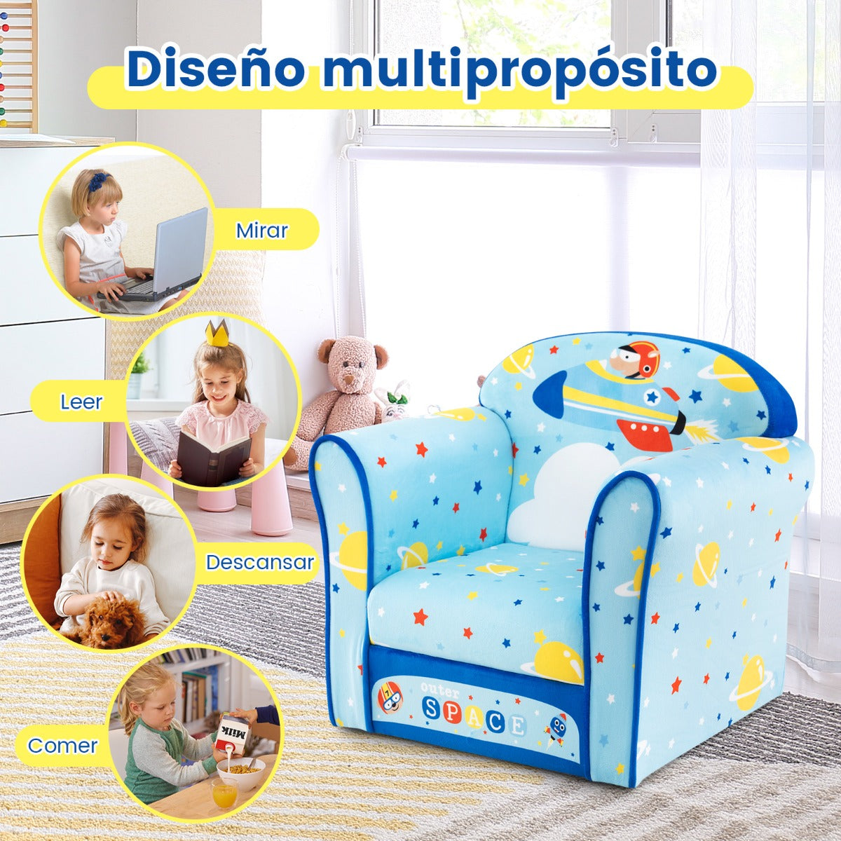 Sillón Infantil Tapizado Sofá para Niños con Marco de Madera Superficie de Terciopelo Relleno de Espuma para Dormitorio 50 x 40 x 54 cm Azul