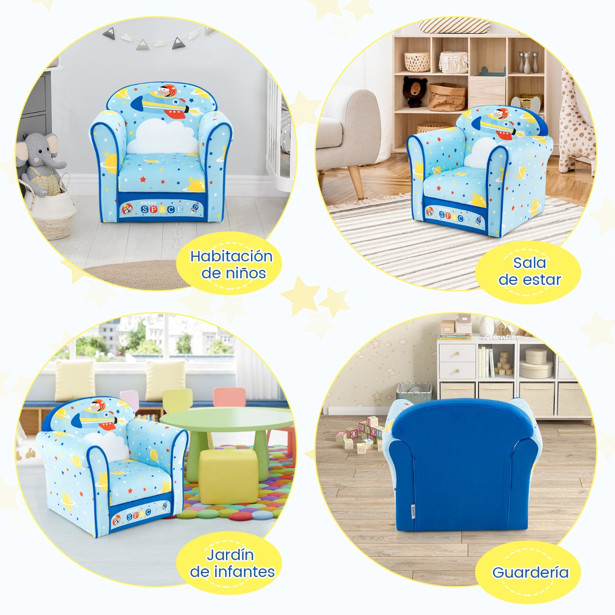 Sillón Infantil Tapizado Sofá para Niños con Marco de Madera Superficie de Terciopelo Relleno de Espuma para Dormitorio 50 x 40 x 54 cm Azul