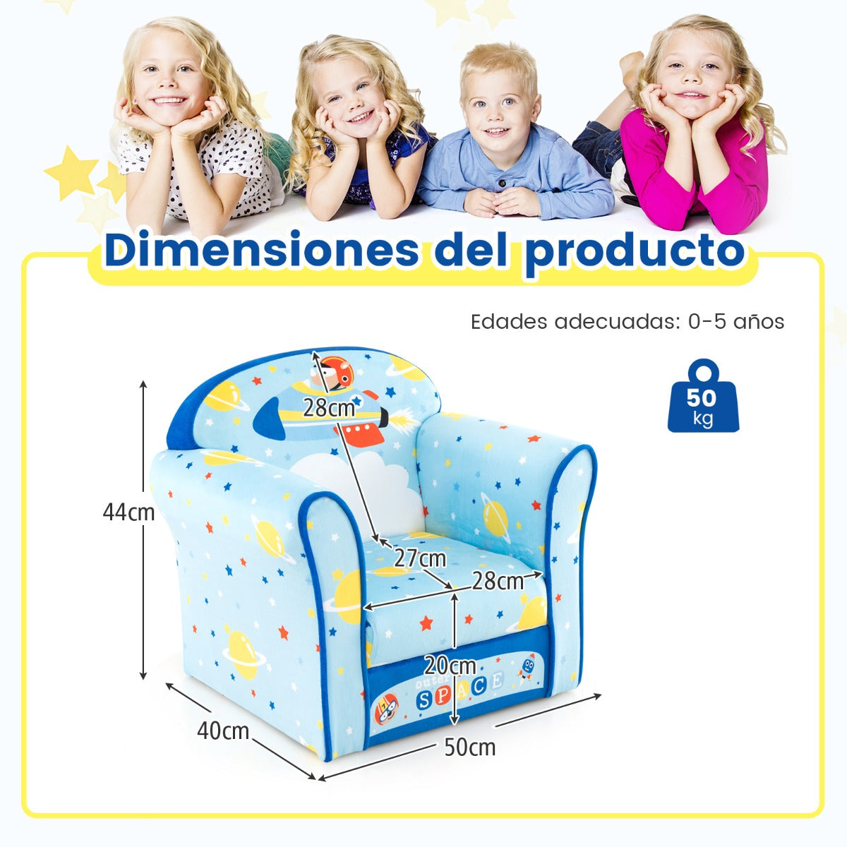 Sillón Infantil Tapizado Sofá para Niños con Marco de Madera Superficie de Terciopelo Relleno de Espuma para Dormitorio 50 x 40 x 54 cm Azul
