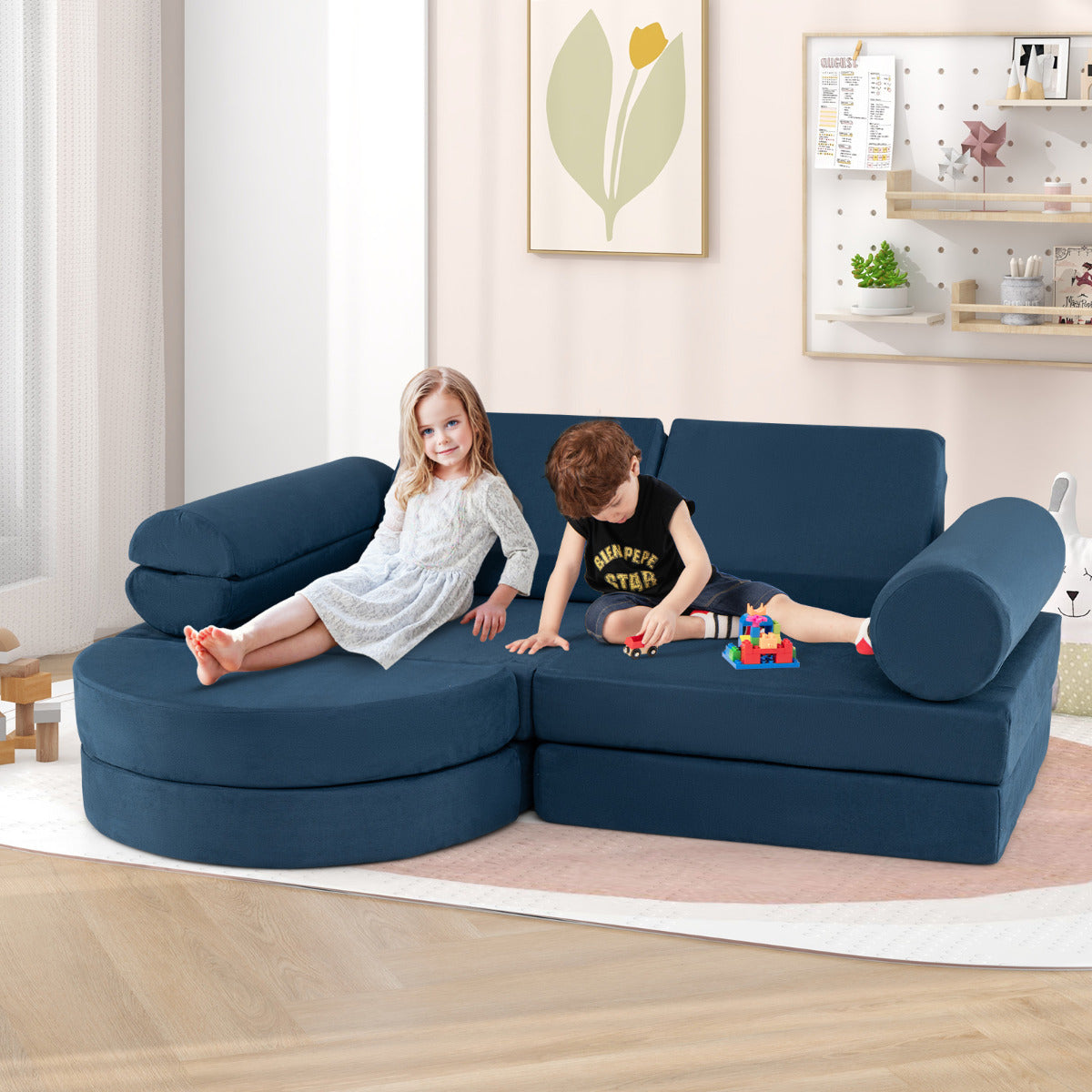 Sofá Modular Infantil de 13 Piezas Conjunto Versátil de Sofá Seccional para Niños para Guardería Sofá de Espuma Convertible Azul Marino
