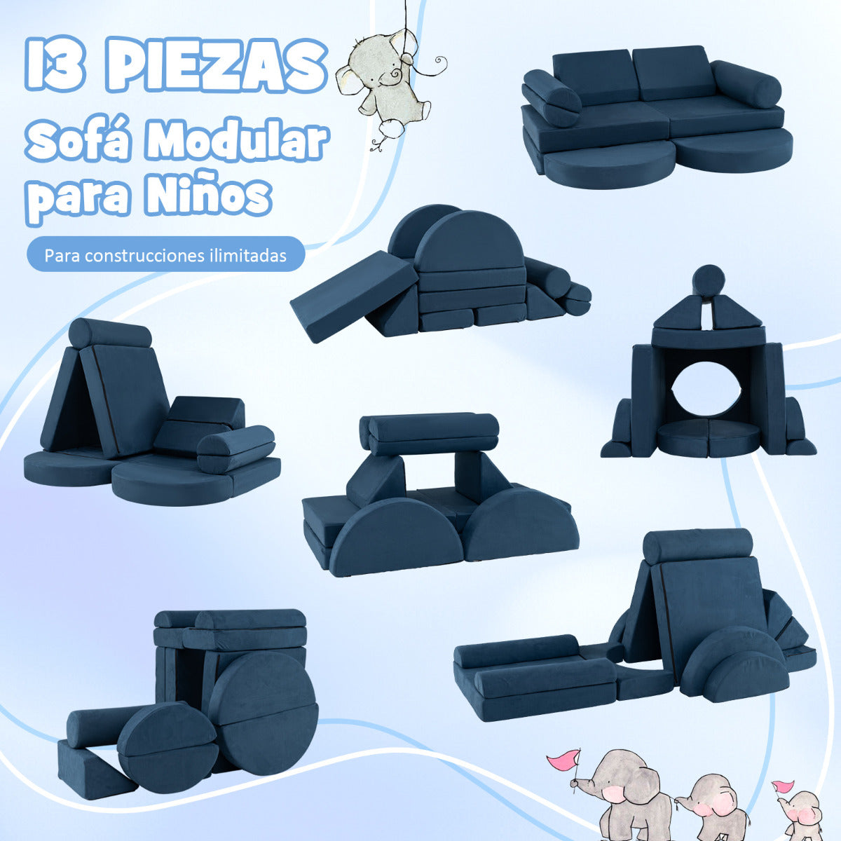 Sofá Modular Infantil de 13 Piezas Conjunto Versátil de Sofá Seccional para Niños para Guardería Sofá de Espuma Convertible Azul Marino