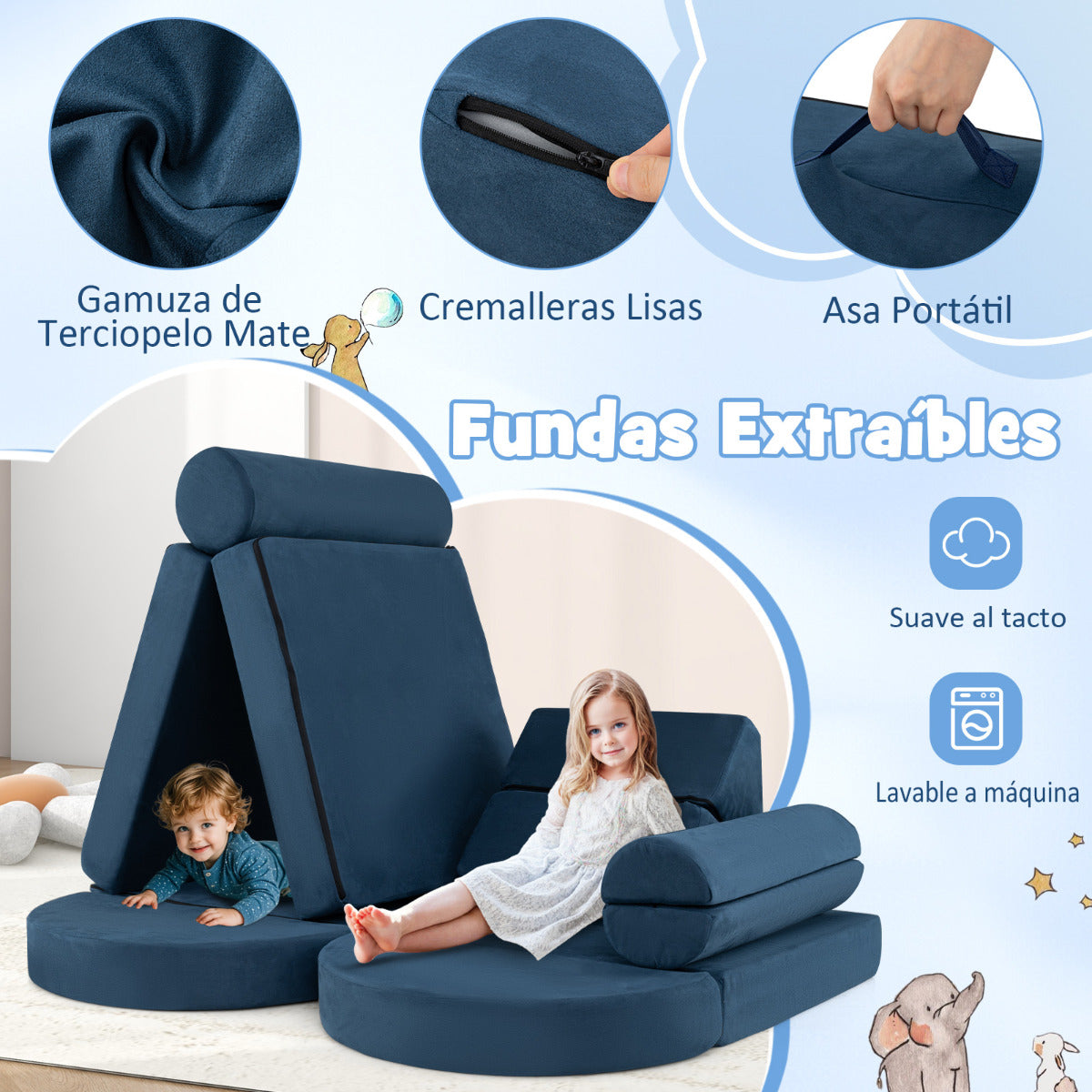 Sofá Modular Infantil de 13 Piezas Conjunto Versátil de Sofá Seccional para Niños para Guardería Sofá de Espuma Convertible Azul Marino