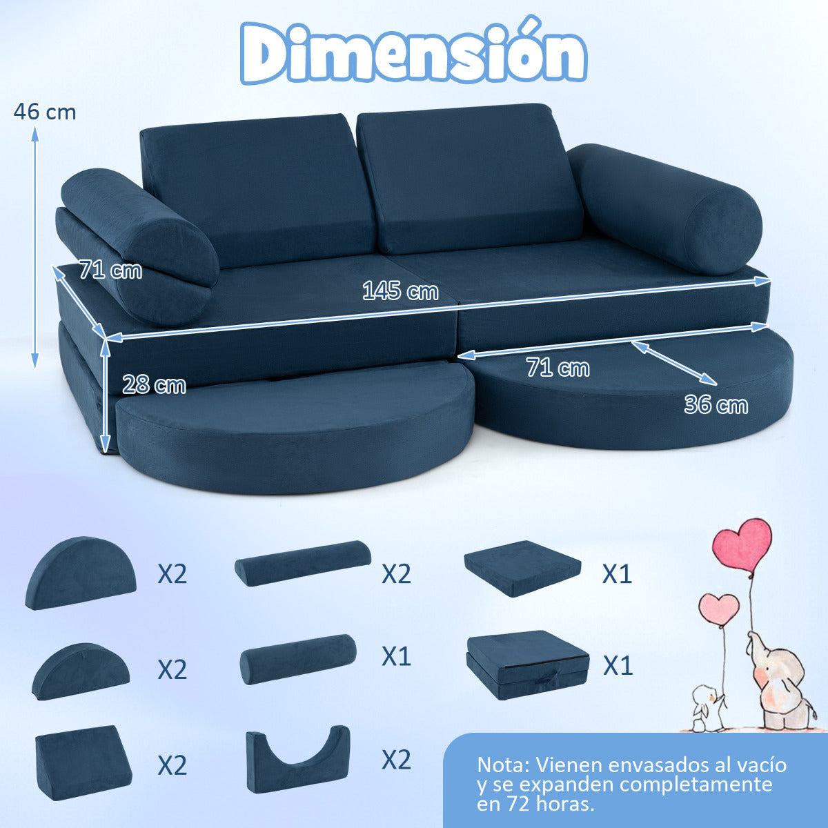 Sofá Modular Infantil de 13 Piezas Conjunto Versátil de Sofá Seccional para Niños para Guardería Sofá de Espuma Convertible Azul Marino