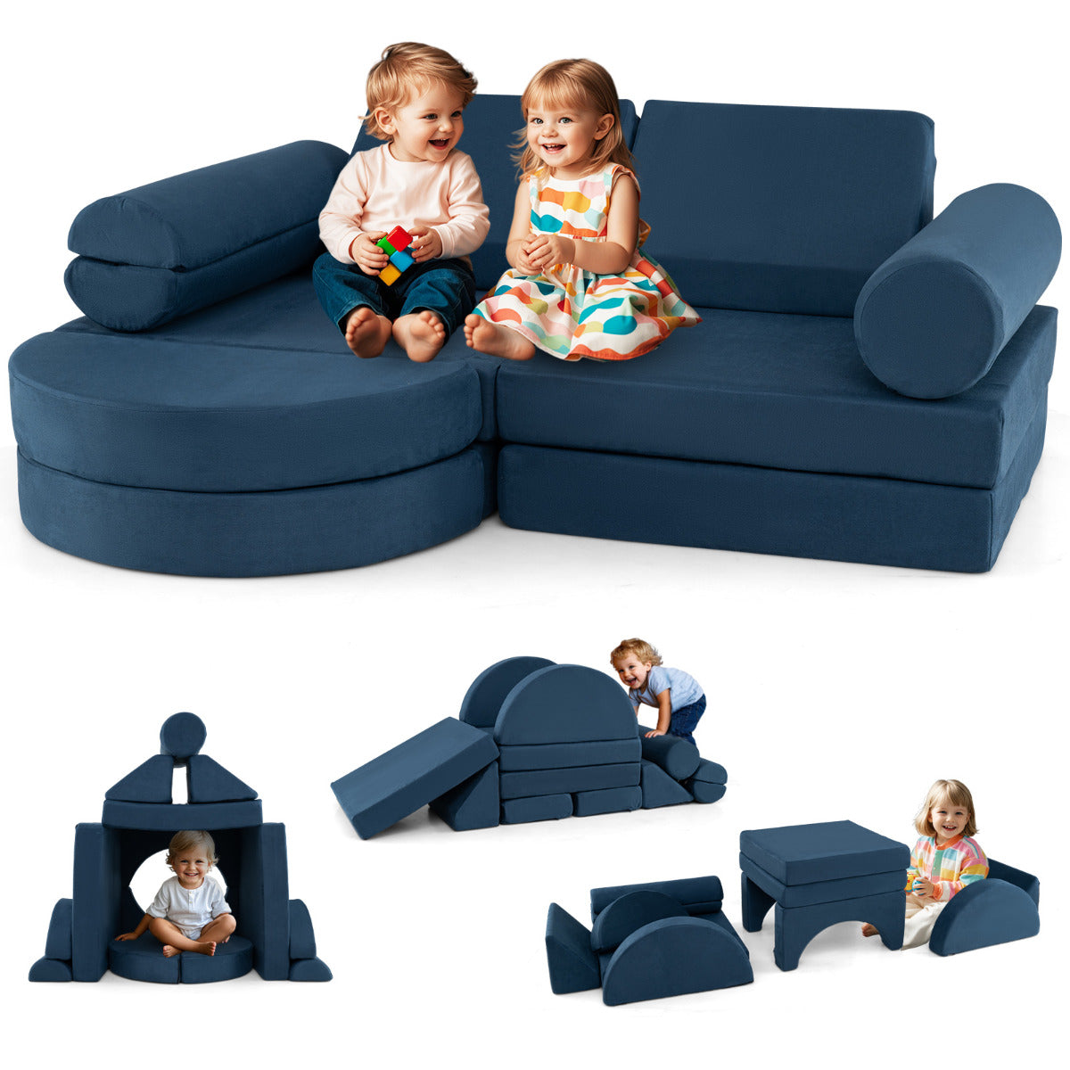 Sofá Modular Infantil de 13 Piezas Conjunto Versátil de Sofá Seccional para Niños para Guardería Sofá de Espuma Convertible Azul Marino