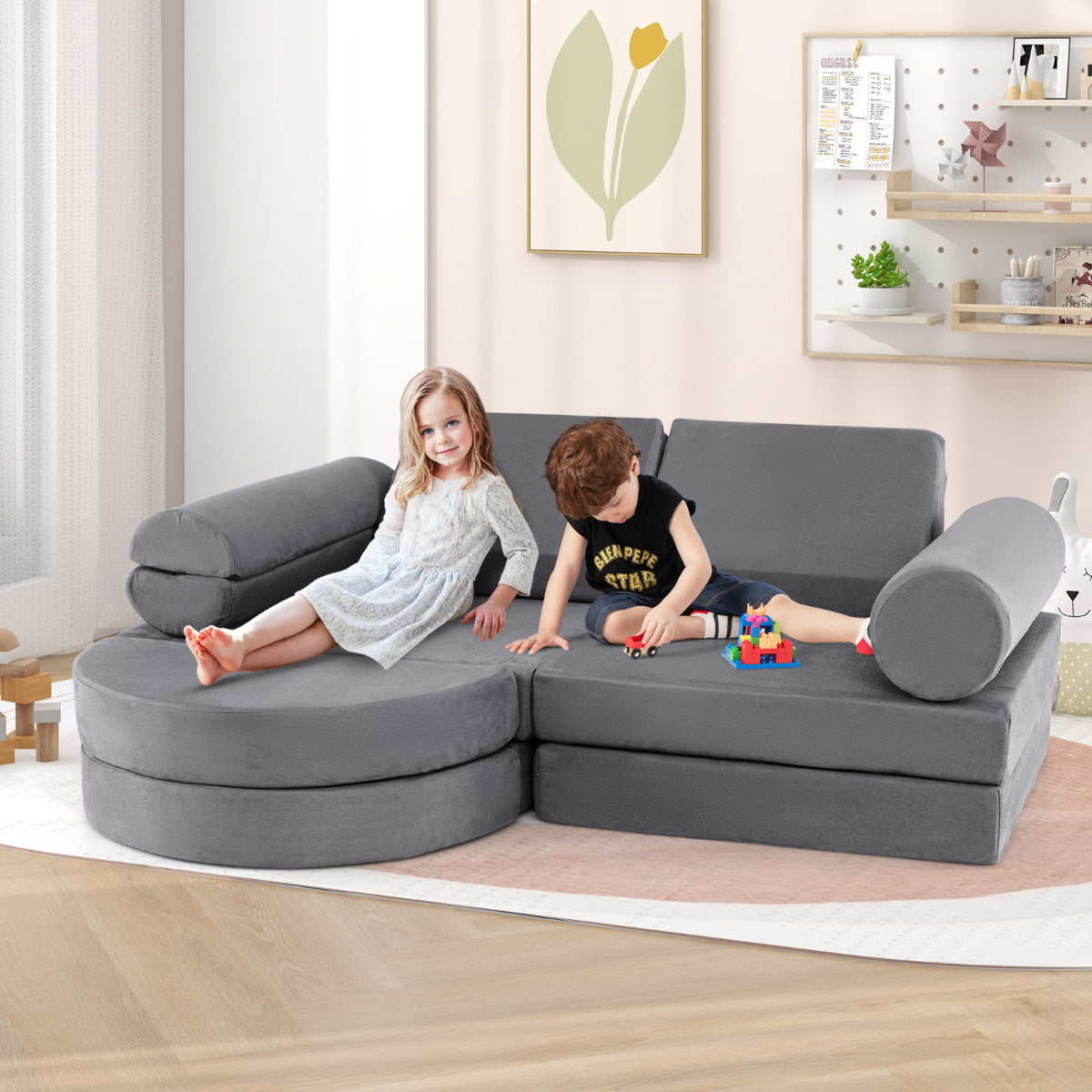 Sofá Modular Infantil de 13 Piezas Conjunto Versátil de Sofá Seccional para Niños para Guardería Sofá de Espuma Convertible Gris