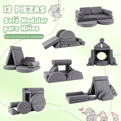 Sofá Modular Infantil de 13 Piezas Conjunto Versátil de Sofá Seccional para Niños para Guardería Sofá de Espuma Convertible Gris