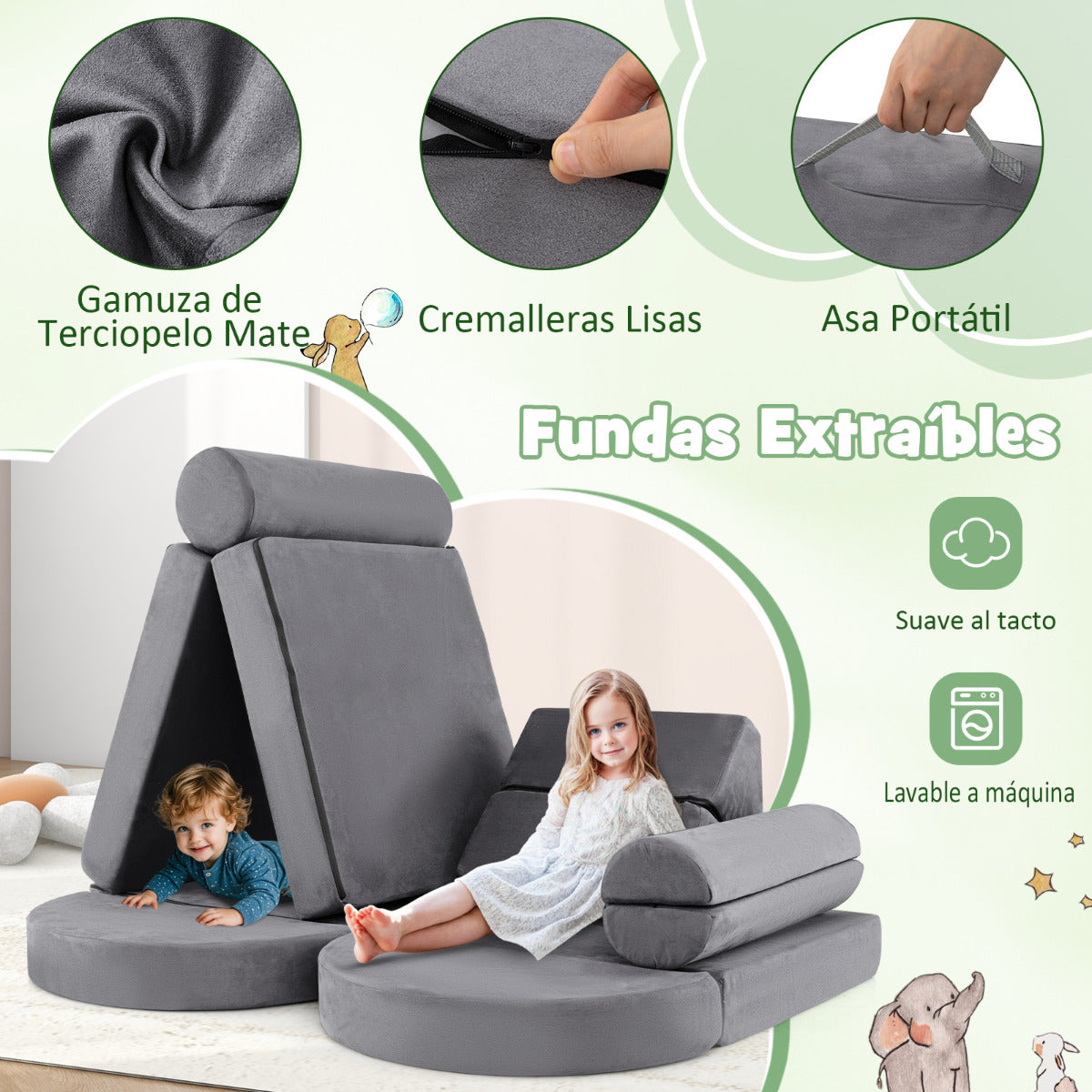 Sofá Modular Infantil de 13 Piezas Conjunto Versátil de Sofá Seccional para Niños para Guardería Sofá de Espuma Convertible Gris