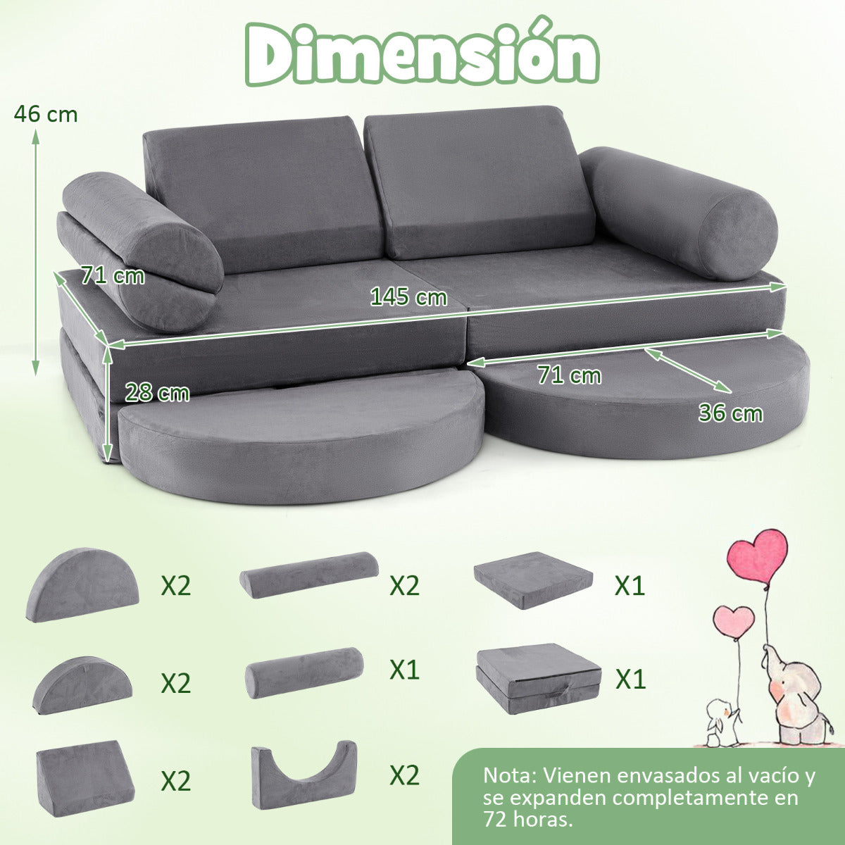 Sofá Modular Infantil de 13 Piezas Conjunto Versátil de Sofá Seccional para Niños para Guardería Sofá de Espuma Convertible Gris