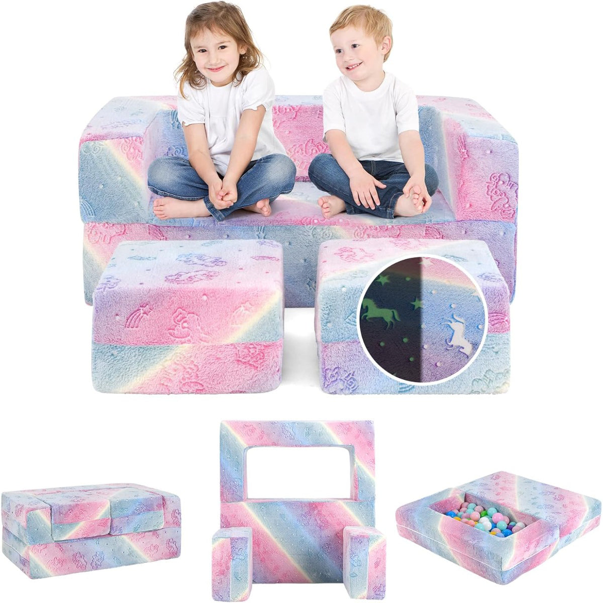Sofá Modular Brillante para Niños Sofá de Juego 3 en 1 para Bebés con Funda de Franela Extraíble y Lavable Mini Sofá de Peluche Multicolor 1