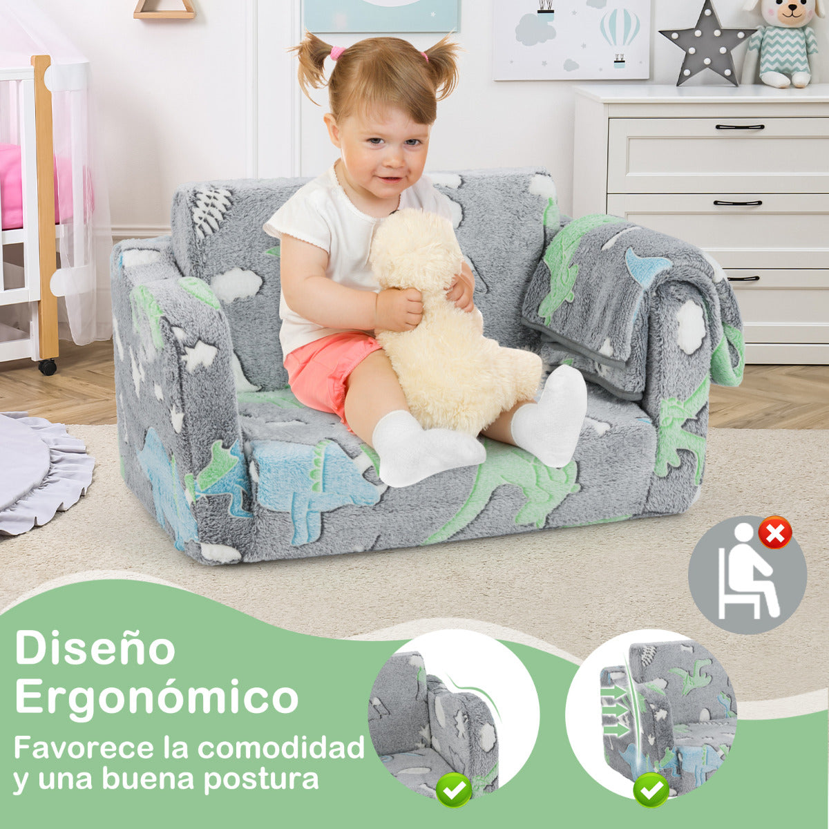 Sofá para Niños con Manta Sofá Plegable 2 en 1 para Niños Pequeños 3+ Años Sillón Brillante en la Oscuridad Silla Cómoda Infantil Gris