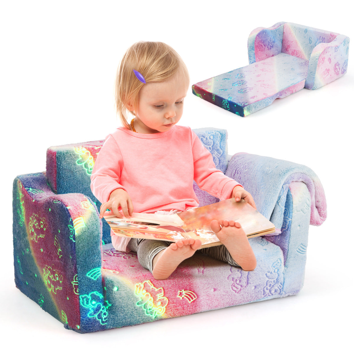 Sofá para Niños con Manta Sofá Plegable 2 en 1 para Niños Pequeños 3+ Años Sillón Brillante en la Oscuridad Silla Cómoda Infantil Multicolor