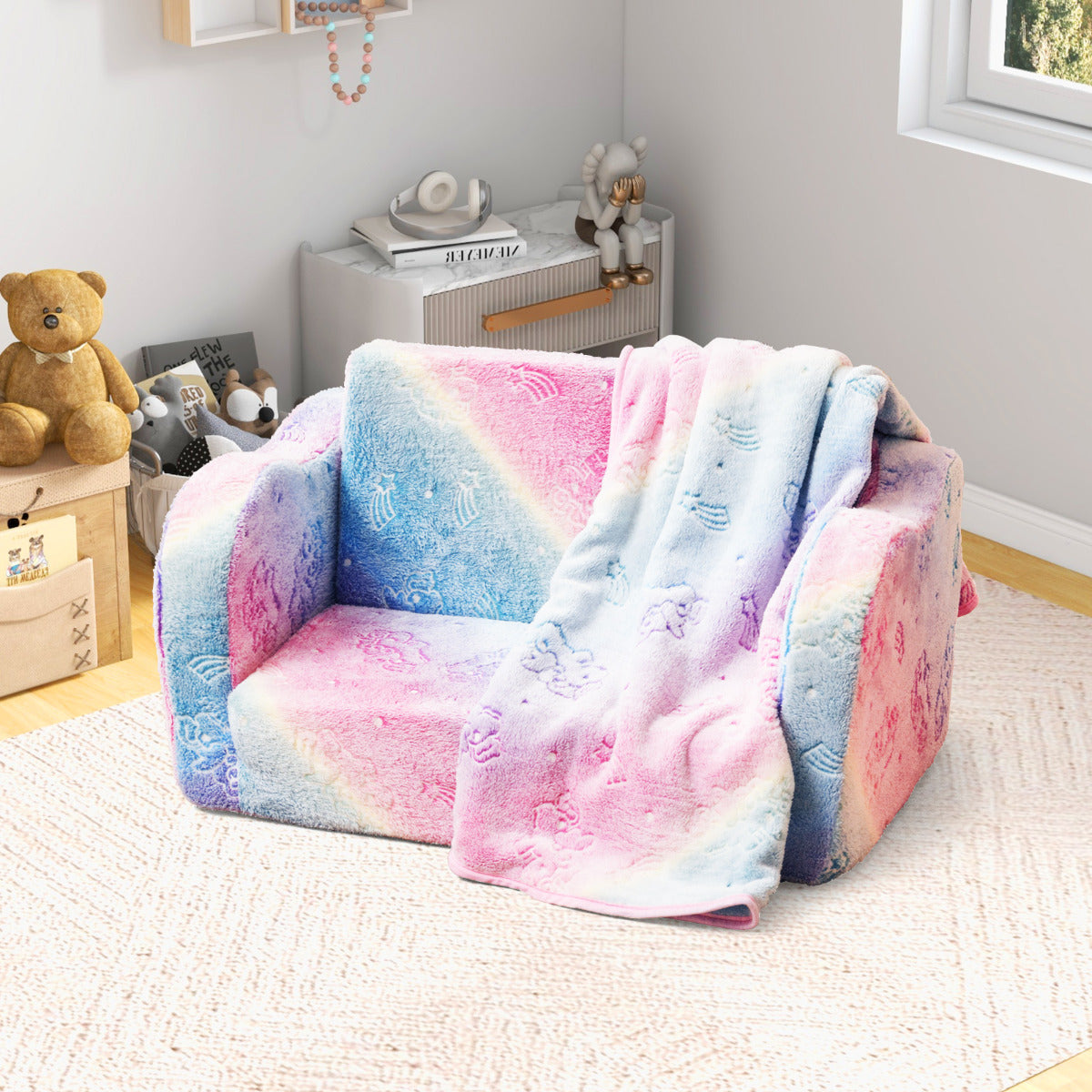 Sofá para Niños con Manta Sofá Plegable 2 en 1 para Niños Pequeños 3+ Años Sillón Brillante en la Oscuridad Silla Cómoda Infantil Multicolor