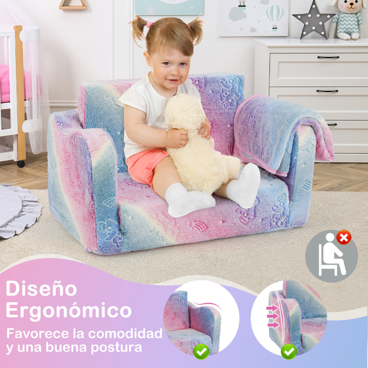 Sofá para Niños con Manta Sofá Plegable 2 en 1 para Niños Pequeños 3+ Años Sillón Brillante en la Oscuridad Silla Cómoda Infantil Multicolor
