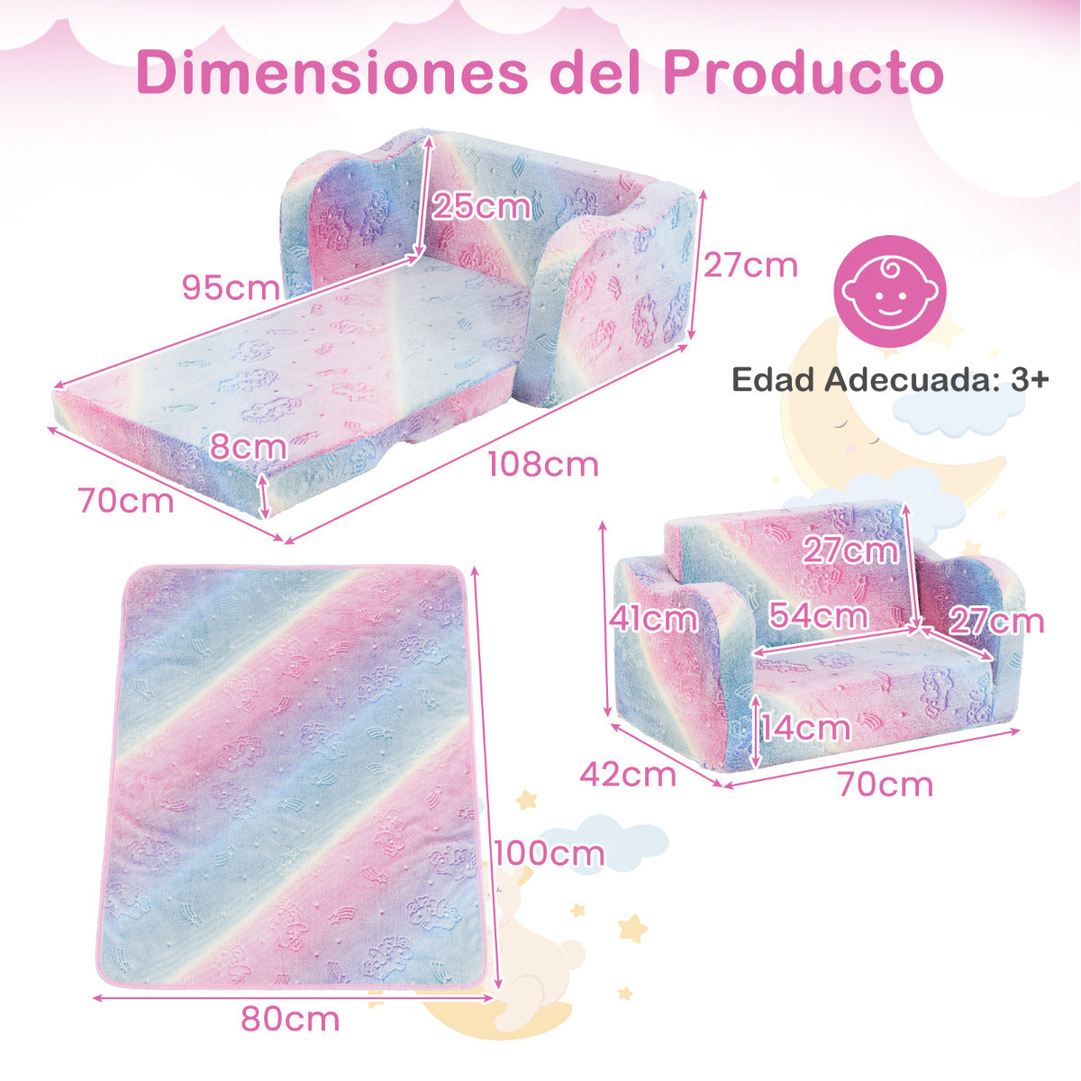 Sofá para Niños con Manta Sofá Plegable 2 en 1 para Niños Pequeños 3+ Años Sillón Brillante en la Oscuridad Silla Cómoda Infantil Multicolor
