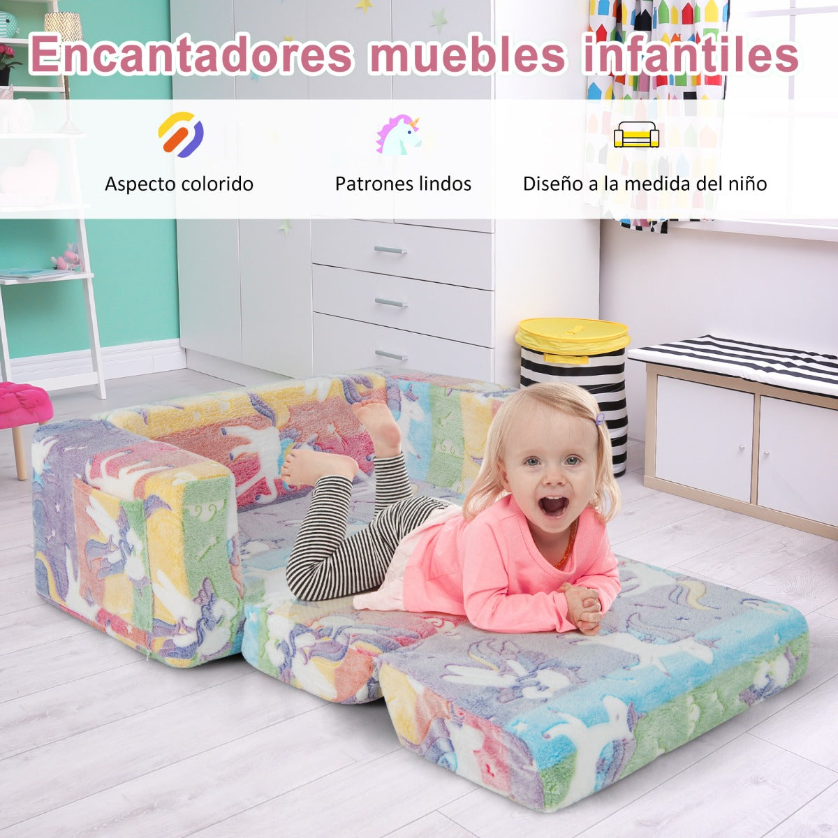 Sillón Infantil 2 en 1 con Respaldo Abatible Sofá Convertible para Niños con Funda de Tela de Franela Extraíble 51 x 80 x 42 cm Colorido