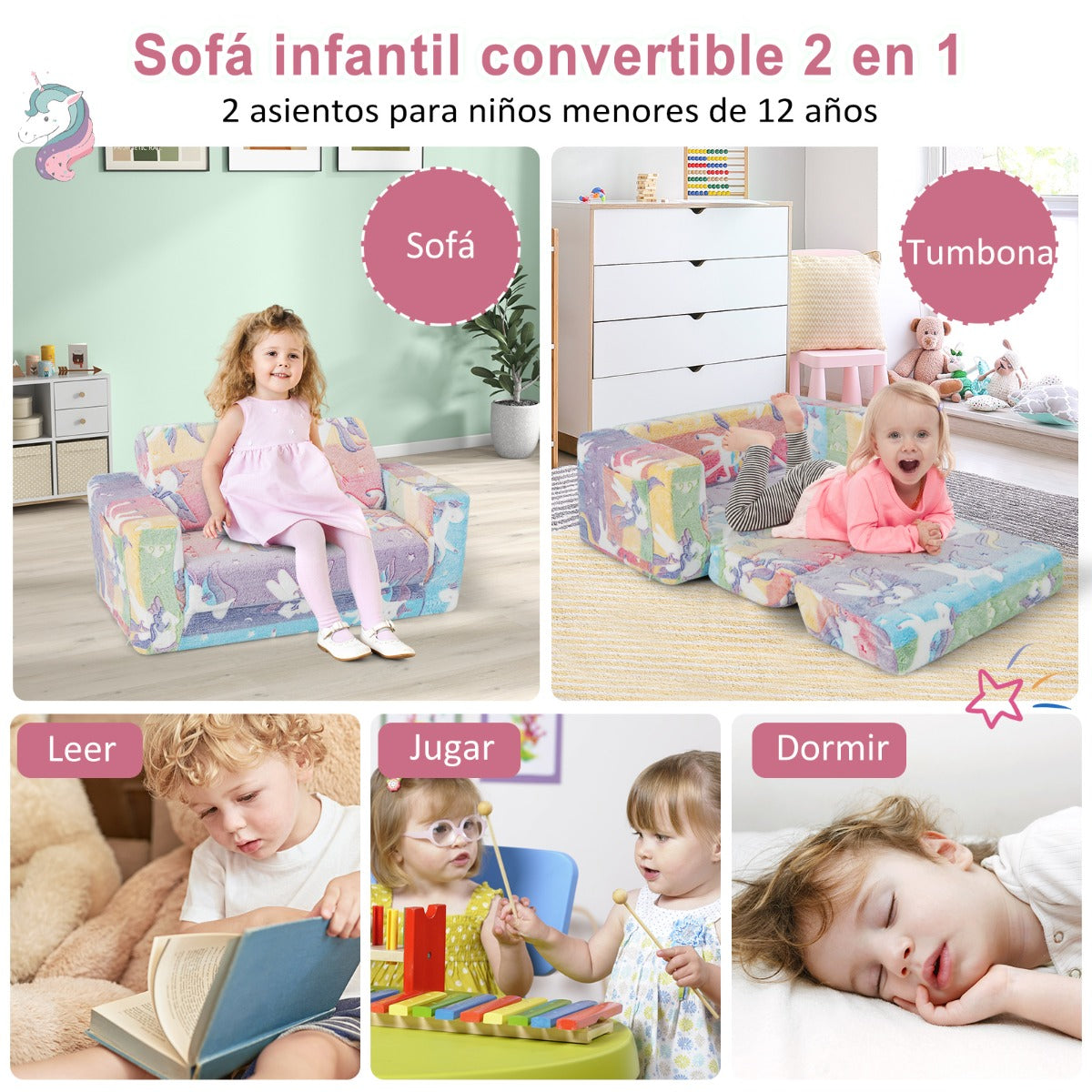 Sillón Infantil 2 en 1 con Respaldo Abatible Sofá Convertible para Niños con Funda de Tela de Franela Extraíble 51 x 80 x 42 cm Colorido