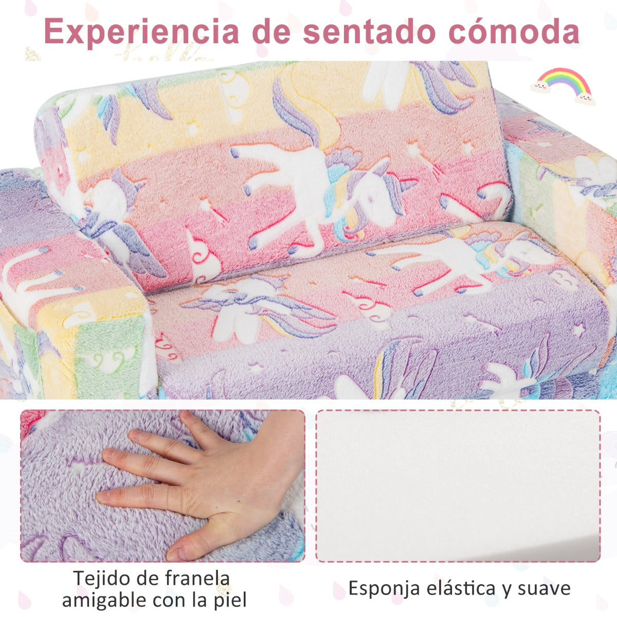 Sillón Infantil 2 en 1 con Respaldo Abatible Sofá Convertible para Niños con Funda de Tela de Franela Extraíble 51 x 80 x 42 cm Colorido