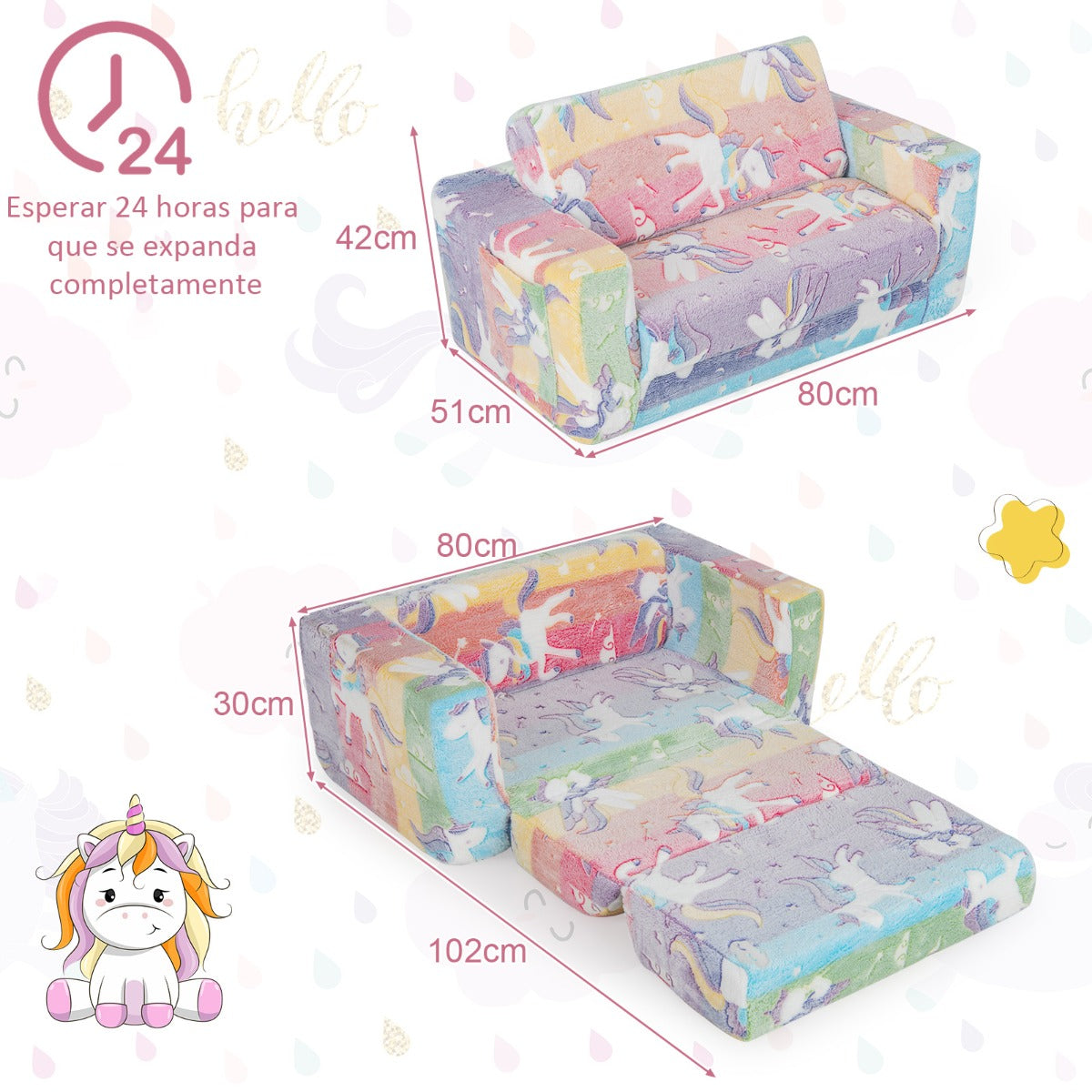 Sillón Infantil 2 en 1 con Respaldo Abatible Sofá Convertible para Niños con Funda de Tela de Franela Extraíble 51 x 80 x 42 cm Colorido