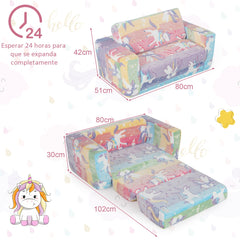 Sillón Infantil 2 en 1 con Respaldo Abatible Sofá Convertible para Niños con Funda de Tela de Franela Extraíble 51 x 80 x 42 cm Colorido