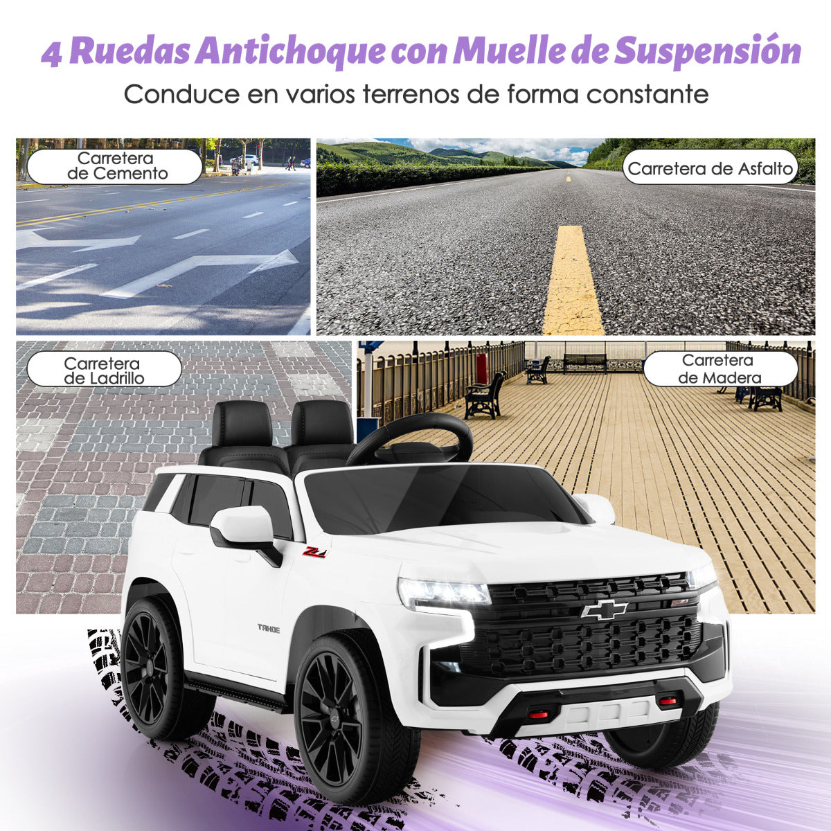 SUV para Niños de 12 V Vehículo Eléctrico a Batería Chevrolet Tahoe con Control Remoto de 2,4 G Suspensión de Resorte Luces Música Blanco
