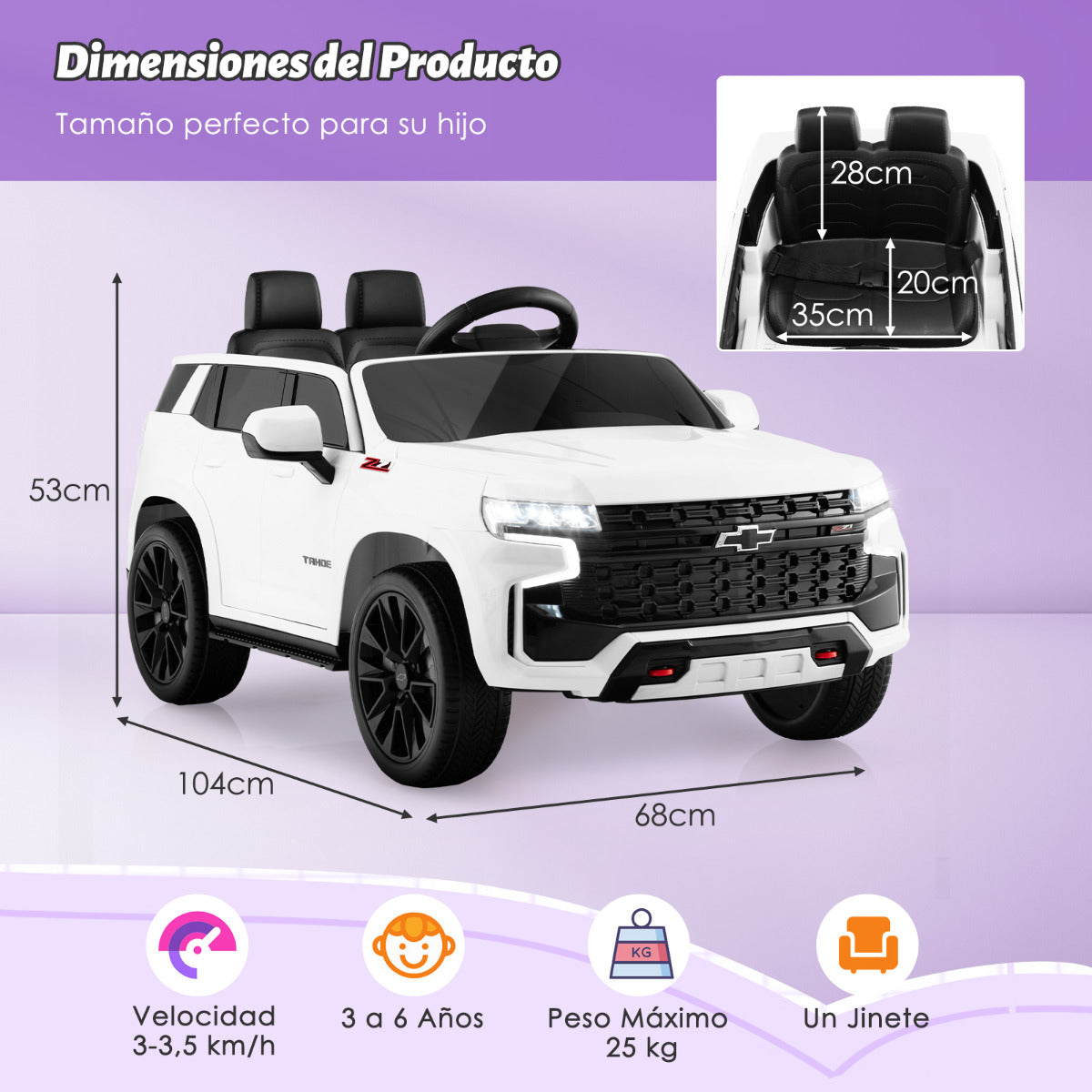 SUV para Niños de 12 V Vehículo Eléctrico a Batería Chevrolet Tahoe con Control Remoto de 2,4 G Suspensión de Resorte Luces Música Blanco
