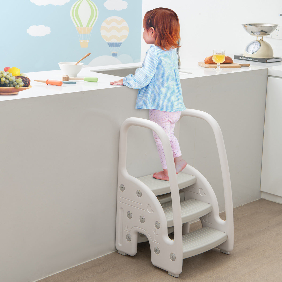 Taburete de 3 Escalones para Niños Taburete Infantil con Manijas de Seguridad Escalones Antideslizante para Cocina Baño 43 x 42 x 70 cm Gris