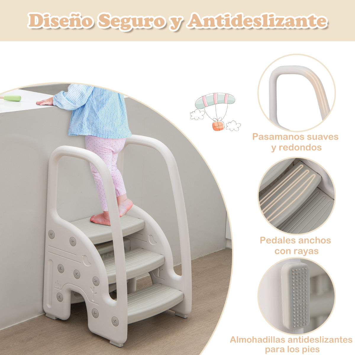 Taburete de 3 Escalones para Niños Taburete Infantil con Manijas de Seguridad Escalones Antideslizante para Cocina Baño 43 x 42 x 70 cm Gris