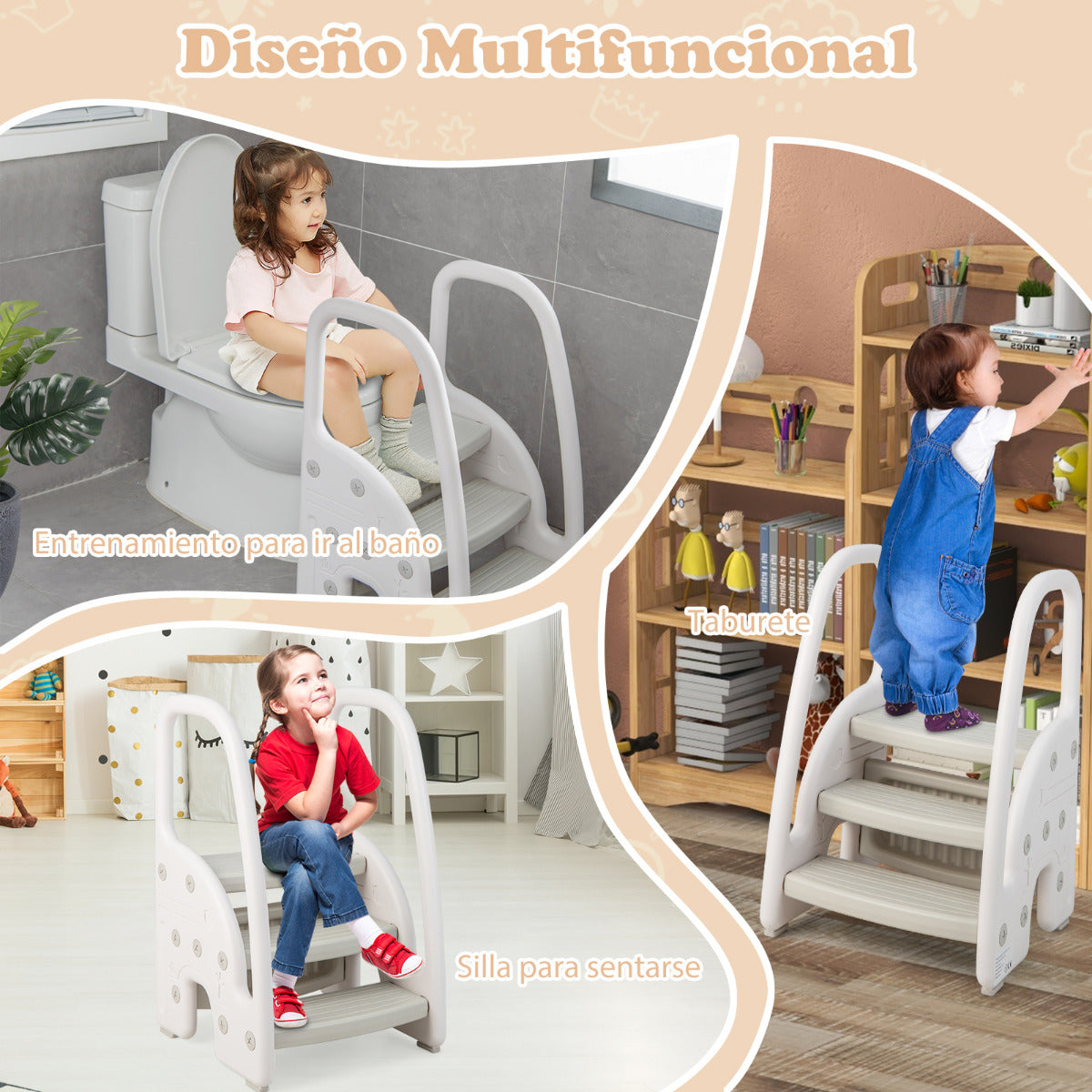 Taburete de 3 Escalones para Niños Taburete Infantil con Manijas de Seguridad Escalones Antideslizante para Cocina Baño 43 x 42 x 70 cm Gris