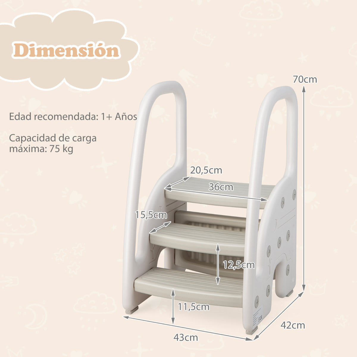 Taburete de 3 Escalones para Niños Taburete Infantil con Manijas de Seguridad Escalones Antideslizante para Cocina Baño 43 x 42 x 70 cm Gris