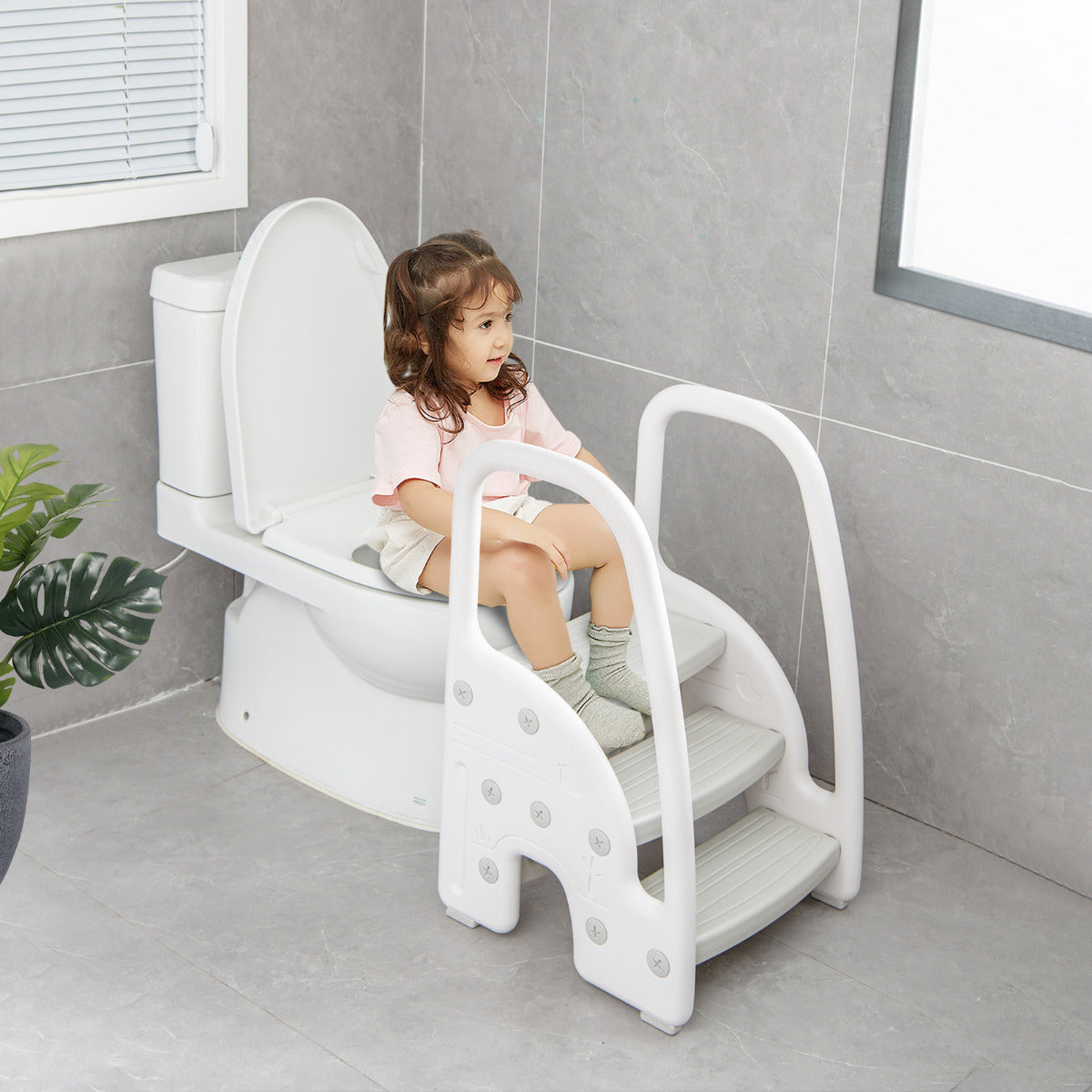 Taburete de 3 Escalones para Niños Taburete Infantil con Manijas de Seguridad Escalones Antideslizante para Cocina Baño 43 x 42 x 70 cm Gris