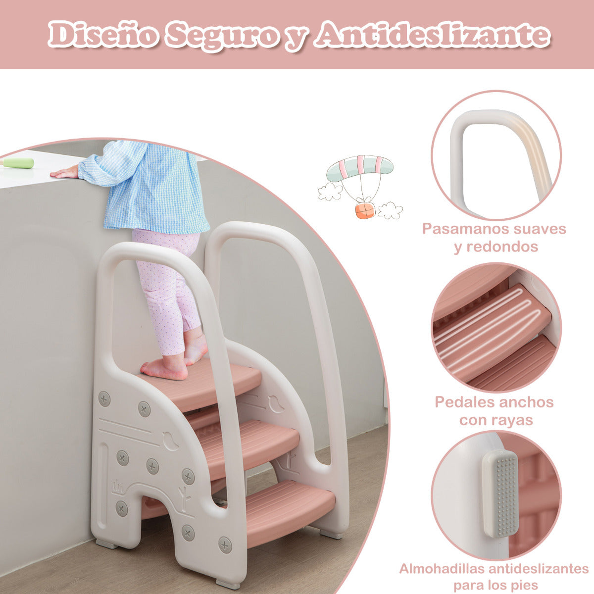 Taburete de 3 Escalones para Niños Taburete Infantil con Manijas de Seguridad Escalones Antideslizante para Cocina Baño 43 x 42 x 70 cm Rosa