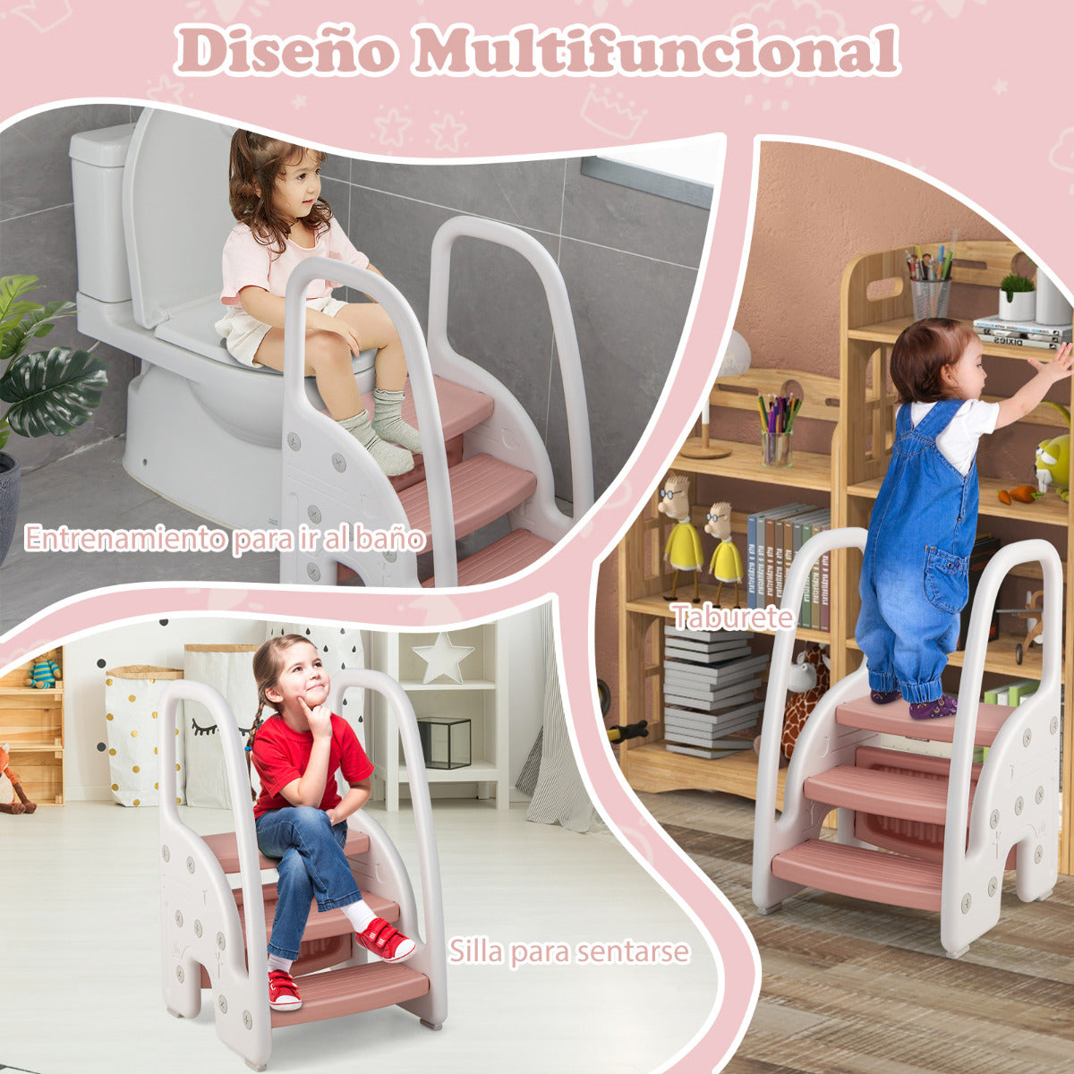 Taburete de 3 Escalones para Niños Taburete Infantil con Manijas de Seguridad Escalones Antideslizante para Cocina Baño 43 x 42 x 70 cm Rosa