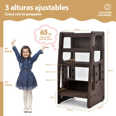 Taburete Escalera para Niños Torre de Aprendizaje con 3 Alturas Regulables para Niños con Doble Barrera de Seguridad Marrón