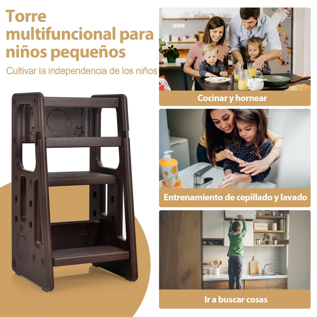 Taburete Escalera para Niños Torre de Aprendizaje con 3 Alturas Regulables para Niños con Doble Barrera de Seguridad Marrón