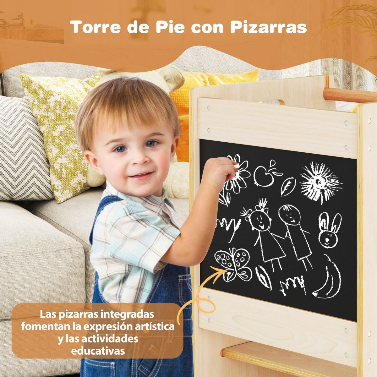 Taburete de Cocina para Niños Pequeños Torre de Pie con Pizarra de Actividades Altura Ajustable y Barandilla de Seguridad de Madera Natural