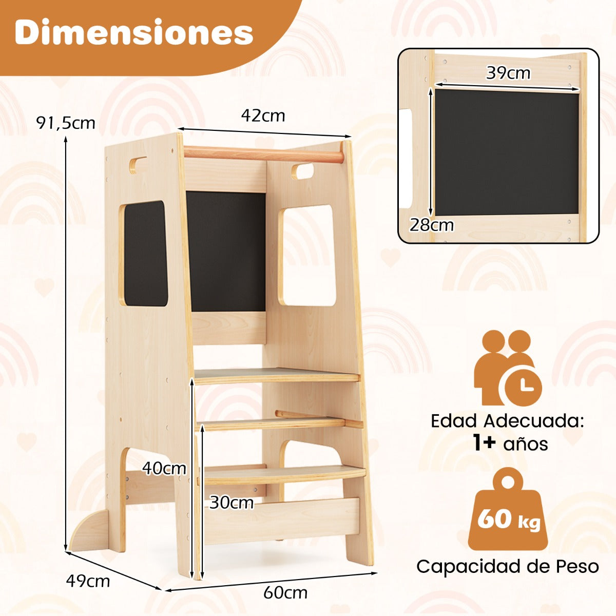 Taburete de Cocina para Niños Pequeños Torre de Pie con Pizarra de Actividades Altura Ajustable y Barandilla de Seguridad de Madera Natural