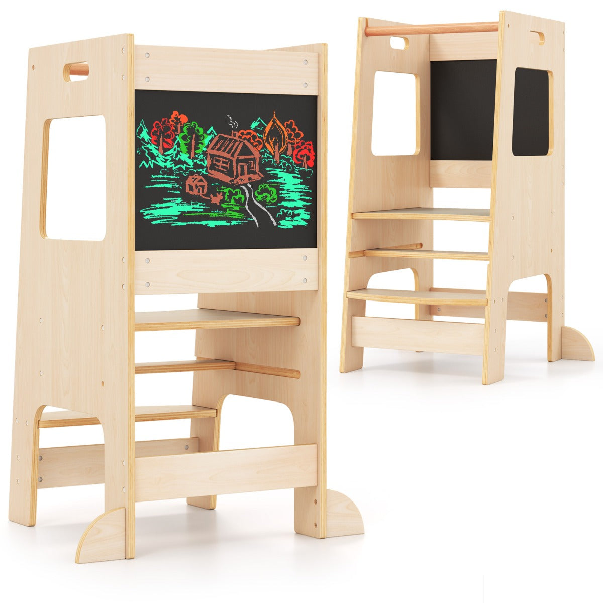 Taburete de Cocina para Niños Pequeños Torre de Pie con Pizarra de Actividades Altura Ajustable y Barandilla de Seguridad de Madera Natural