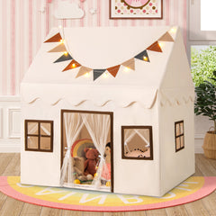 Tienda de Juegos para Niños Casa de Jueguete con Alfombra Antideslizante Acolchada Banderines Luces Cortinas Ventanas Tienda Interior Beige