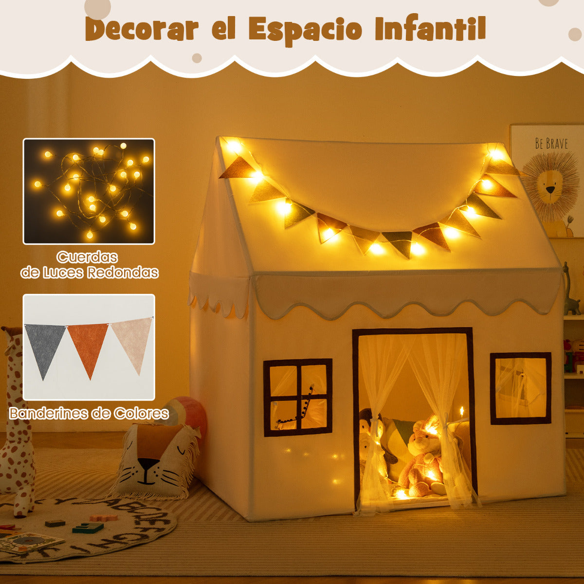 Tienda de Juegos para Niños Casa de Jueguete con Alfombra Antideslizante Acolchada Banderines Luces Cortinas Ventanas Tienda Interior Beige
