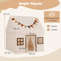 Tienda de Juegos para Niños Casa de Jueguete con Alfombra Antideslizante Acolchada Banderines Luces Cortinas Ventanas Tienda Interior Beige