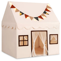 Tienda de Juegos para Niños Casa de Jueguete con Alfombra Antideslizante Acolchada Banderines Luces Cortinas Ventanas Tienda Interior Beige