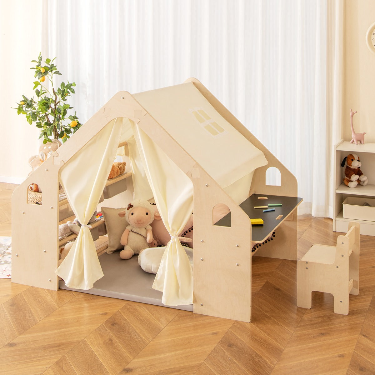 6 en 1 Tienda de 143 cm de Juegos para Niños de 2-6 Años con Pizarra Marco de Madera Cortinas Mesa de Escritorio Silla Estante Beige