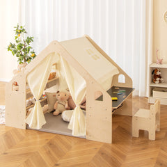 6 en 1 Tienda de 143 cm de Juegos para Niños de 2-6 Años con Pizarra Marco de Madera Cortinas Mesa de Escritorio Silla Estante Beige