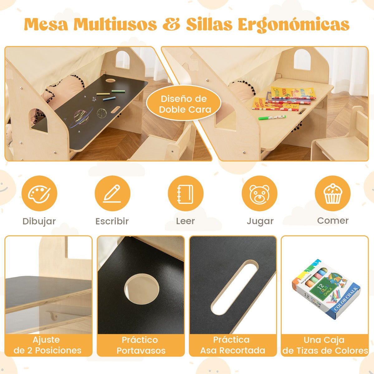 6 en 1 Tienda de 143 cm de Juegos para Niños de 2-6 Años con Pizarra Marco de Madera Cortinas Mesa de Escritorio Silla Estante Beige