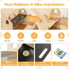 6 en 1 Tienda de 143 cm de Juegos para Niños de 2-6 Años con Pizarra Marco de Madera Cortinas Mesa de Escritorio Silla Estante Beige