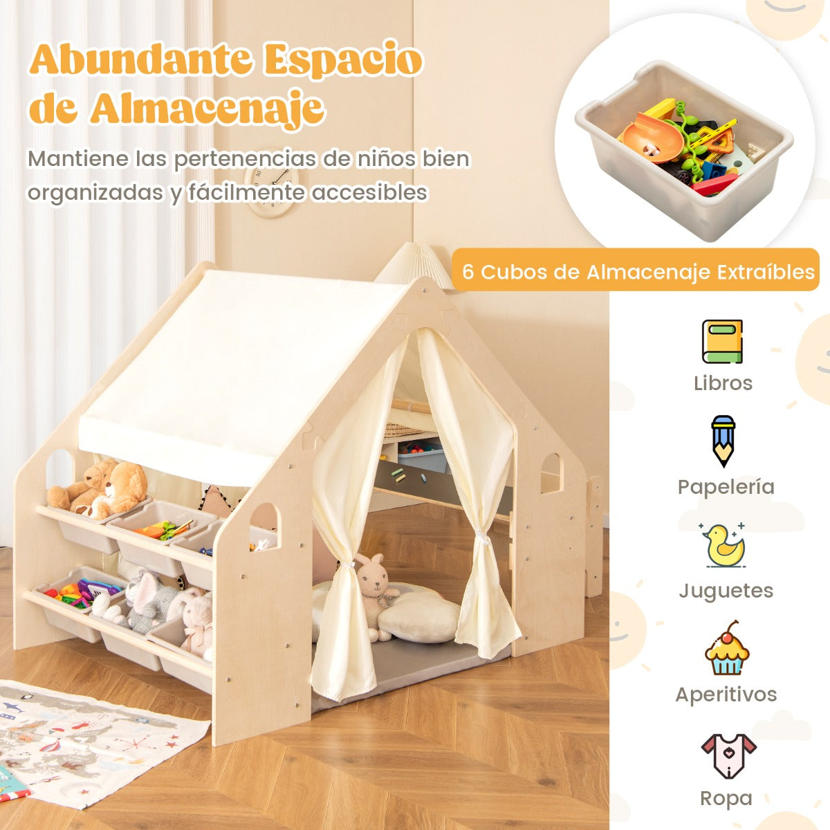 6 en 1 Tienda de 143 cm de Juegos para Niños de 2-6 Años con Pizarra Marco de Madera Cortinas Mesa de Escritorio Silla Estante Beige