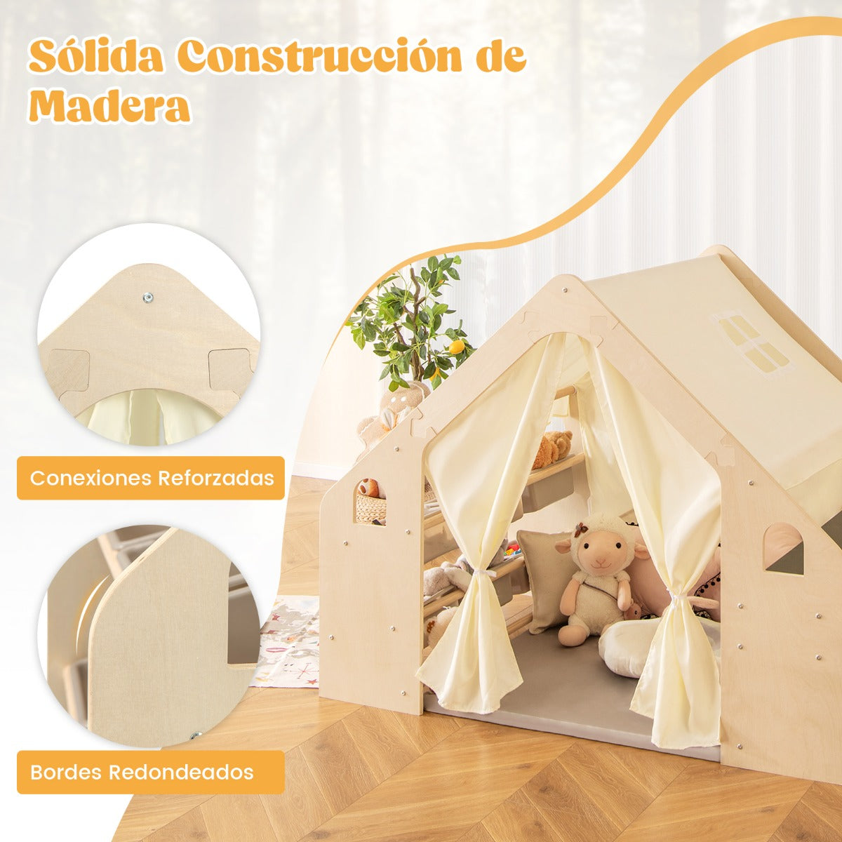 6 en 1 Tienda de 143 cm de Juegos para Niños de 2-6 Años con Pizarra Marco de Madera Cortinas Mesa de Escritorio Silla Estante Beige