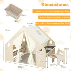 6 en 1 Tienda de 143 cm de Juegos para Niños de 2-6 Años con Pizarra Marco de Madera Cortinas Mesa de Escritorio Silla Estante Beige