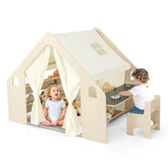 6 en 1 Tienda de 143 cm de Juegos para Niños de 2-6 Años con Pizarra Marco de Madera Cortinas Mesa de Escritorio Silla Estante Beige